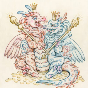 Colored pencil and graphite drawing of a baby 2 headed hydra dragon. The left head and side of the dragon is red, the right head and side of the dragon is blue. The hydra sits upright on its butt facing the front on top of a pile of golden coins. The hind legs are spread forward while each arm holds a golden scepter in it’s claws. The two heads are arguing over the gold and treasure the hydra sits upon. Each head wears a golden crown on their head. The red head on the left has an angry roaring expression. The blue head on the right smiles mockingly. The hydra has a set of feathered wings like a bird, the left wing red and the right wing blue.