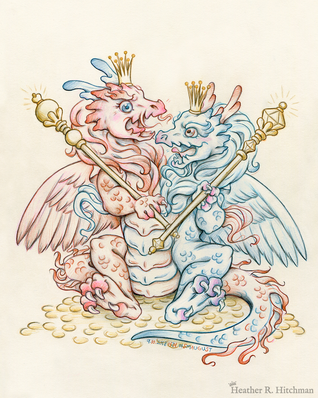 Colored pencil and graphite drawing of a baby 2 headed hydra dragon. The left head and side of the dragon is red, the right head and side of the dragon is blue. The hydra sits upright on its butt facing the front on top of a pile of golden coins. The hind legs are spread forward while each arm holds a golden scepter in it’s claws. The two heads are arguing over the gold and treasure the hydra sits upon. Each head wears a golden crown on their head. The red head on the left has an angry roaring expression. The blue head on the right smiles mockingly. The hydra has a set of feathered wings like a bird, the left wing red and the right wing blue.