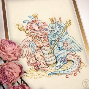Photograph of a matted print of a colored pencil and graphite drawing of a baby 2 headed hydra dragon. The left head and side of the dragon is red, the right head and side of the dragon is blue. The hydra sits upright on its butt facing the front on top of a pile of golden coins. The hind legs are spread forward while each arm holds a golden scepter in it’s claws. The two heads are arguing over the gold and treasure the hydra sits upon. Each head wears a golden crown on their head. The red head on the left has an angry roaring expression. The blue head on the right smiles mockingly. The hydra has a set of feathered wings like a bird, the left wing red and the right wing blue. The mat-board is white on the top layer and gold on the second layer. Pink roses rest on top of the print to the left. A small gold stamp with the Terratoff icon is at the bottom right corner of the print.