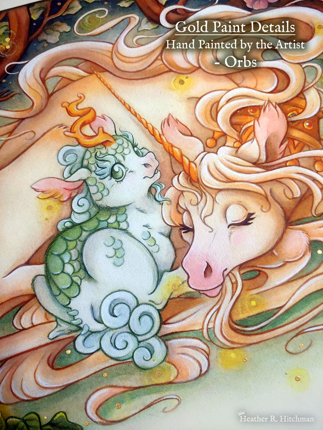 Close up photograph of a watercolor, gouache, and colored pencil painting print of a unicorn mother snuggling a green scaled baby kirin. The photograph focuses on the baby kirin. The pair are nestled inside a thicket of green leaves and tree branches that arch overhead. Gentle orbs of golden light that have been embellished with gold metallic paint float around the scene. A soft glow of light radiates from the unicorn’s body. The unicorn is resting on the ground with her body facing to the right and her head curling back to meet the kirin nestling her back leg. She has light golden fur and appears to be sleeping with a knowing smile on her face. She has a long golden horn, a pink nose, and long tendrils of hair from her mane and fur floating around them. The unicorn also wears a golden crown around her neck. The baby kirin’s back is to the viewer as he sits right up against the unicorn. The baby kirin is looking back over his shoulder at the viewer with a joyful expression on his face. He has white fur, green scales across his back, and a soft blue cloud like mane and tail fur. There is white text in the top right corner of the painting that reads “Gold paint details, hand painted by the artist - orbs”