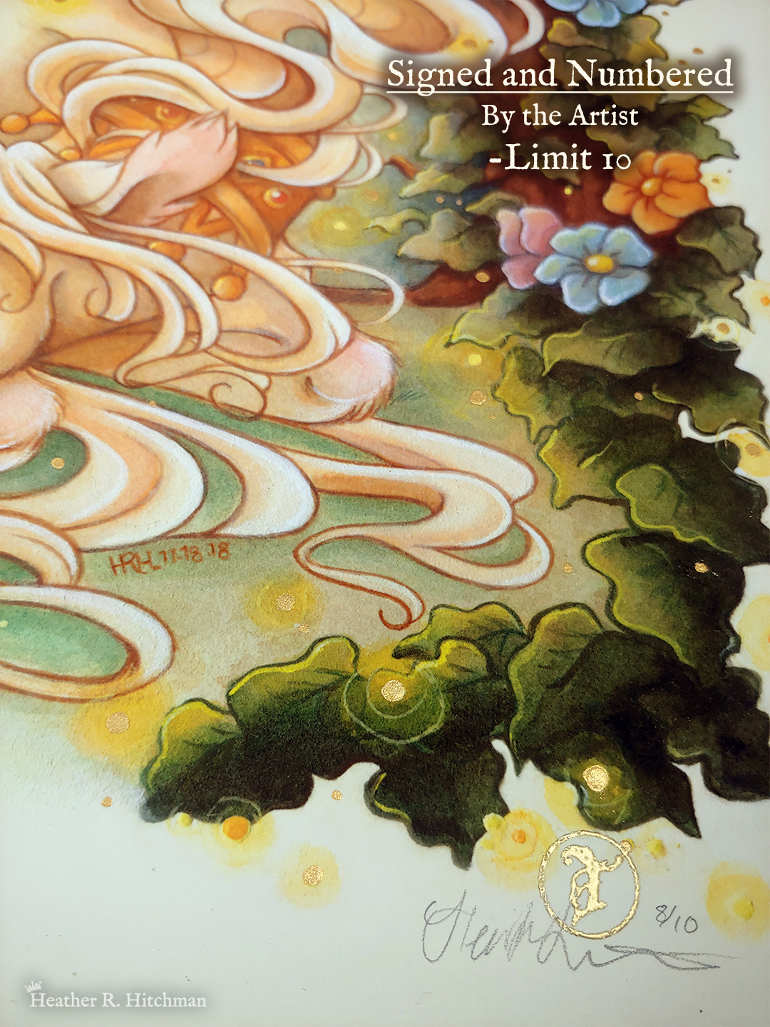 Close up photograph of a watercolor, gouache, and colored pencil painting print of a unicorn mother snuggling a green scaled baby kirin. The photograph focuses on the bottom right of the print where the artist has signed and numbered the artwork. Above the signature is a small golden stamp of the Terratoff icon. There is white text in the top right corner of the painting that reads “Signed and numbered by the artist. Limit 10”.