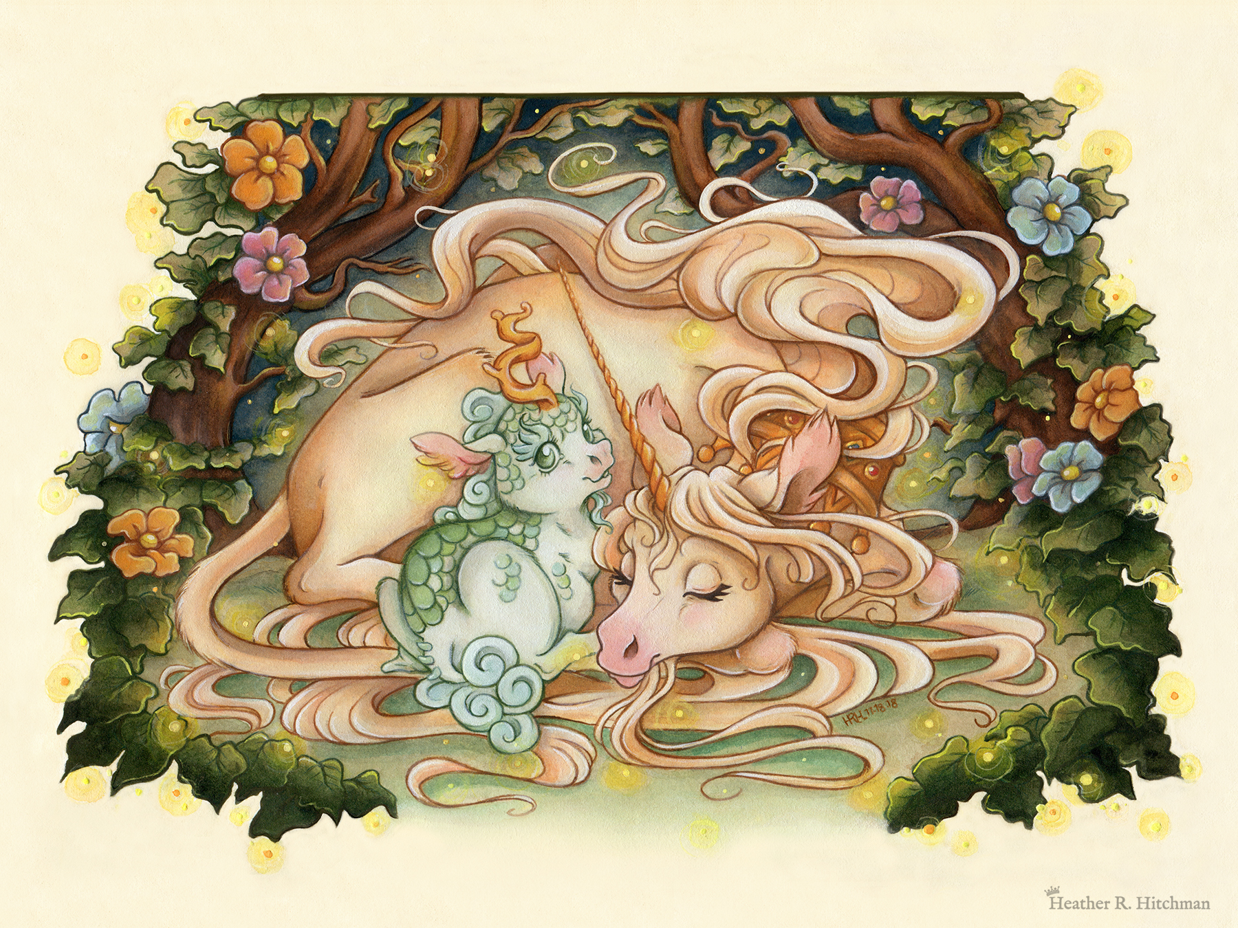 Watercolor, gouache, and colored pencil painting of a unicorn mother snuggling a green scaled baby kirin. The pair are nestled inside a thicket of green leaves and tree branches that arch overhead. Large orange, pink, and blue flowers emerge among the leaves. Gentle orbs of golden light float around the scene, and a soft glow of light radiates from the unicorn’s body. The unicorn is resting on the ground with her body facing to the right and her head curling back to meet the kirin nestling her back leg. She has light golden fur and appears to be sleeping with a knowing smile on her face. She has a long golden horn, a pink nose, and long tendrils of hair from her mane and fur floating around them. The unicorn also wears a golden crown around her neck. The baby kirin’s back is to the viewer as he sits right up against the unicorn. The baby kirin is looking back over his shoulder at the viewer with a joyful expression on his face. He has white fur, green scales across his back, and a soft blue cloud like mane and tail fur. The scene is depicted in a classic spot illustration style, with the outside edges of the background creating a border around the subject. The scene appears to float on a sepia backdrop.