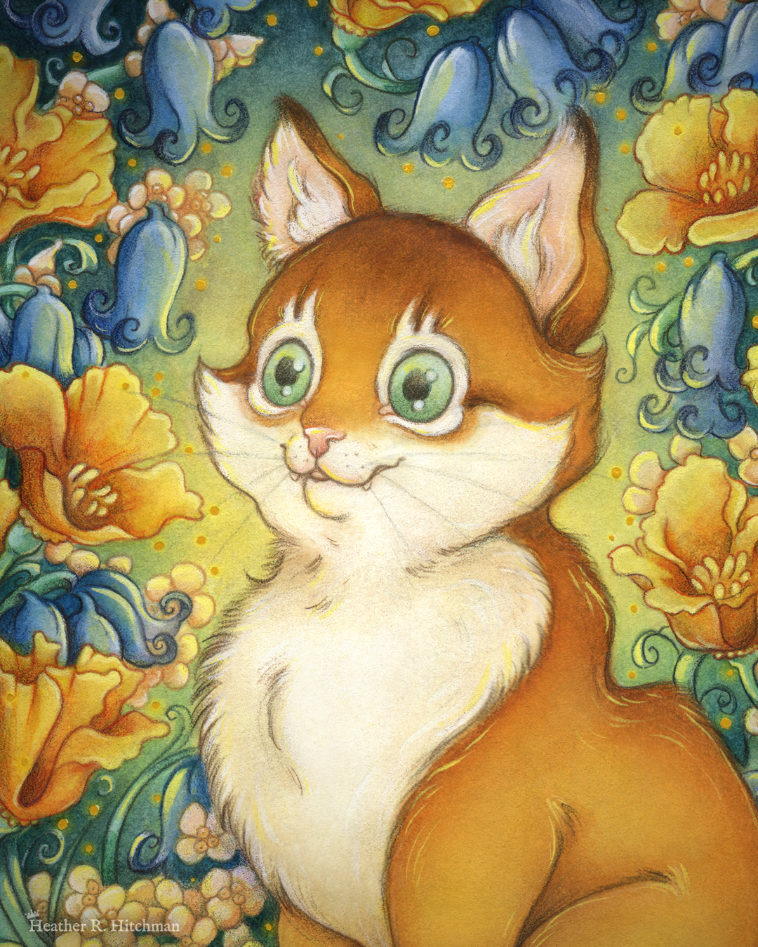 Close up of a watercolor, gouache, and colored pencil portrait painting of an orange cat sitting in a garden. The close up focuses on the cat’s face. The cat sits upright at a ¾ angle on the grass, facing to the left with a wide eyed happy expression on his face. He has bright green eyes, white fur around his eyes and on his chest, and rich golden orange fur on the rest of his body. An archway of bluebells, yellow California poppies, and small white flowers surround the cat in an enchanted garden scene. The background is dark teal green with a sunburst of yellow light coming from behind the cat. Small golden orbs of light surround the scene.