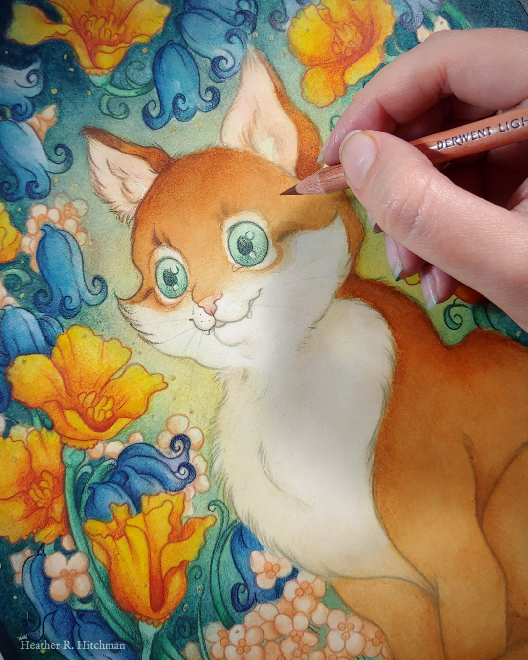 Close up photograph of a watercolor, gouache, and colored pencil portrait painting of an orange cat sitting in a garden. The painting is currently being painted by the artist, who’s hand is in the top right of the photograph holding a colored pencil near the cat’s green eyes. So far the painting is composed of loose line art and washes of watercolor. The photograph focuses on the cat’s face. The cat sits upright at a ¾ angle on the grass, facing to the left with a wide eyed happy expression on his face. His fur is tinted with a light wash of golden orange except for white patches around his eyes, mouth, and chest. An archway of bluebells, yellow California poppies, and small white flowers surround the cat in an enchanted garden scene. The background is dark teal green with a sunburst of yellow light coming from behind the cat.