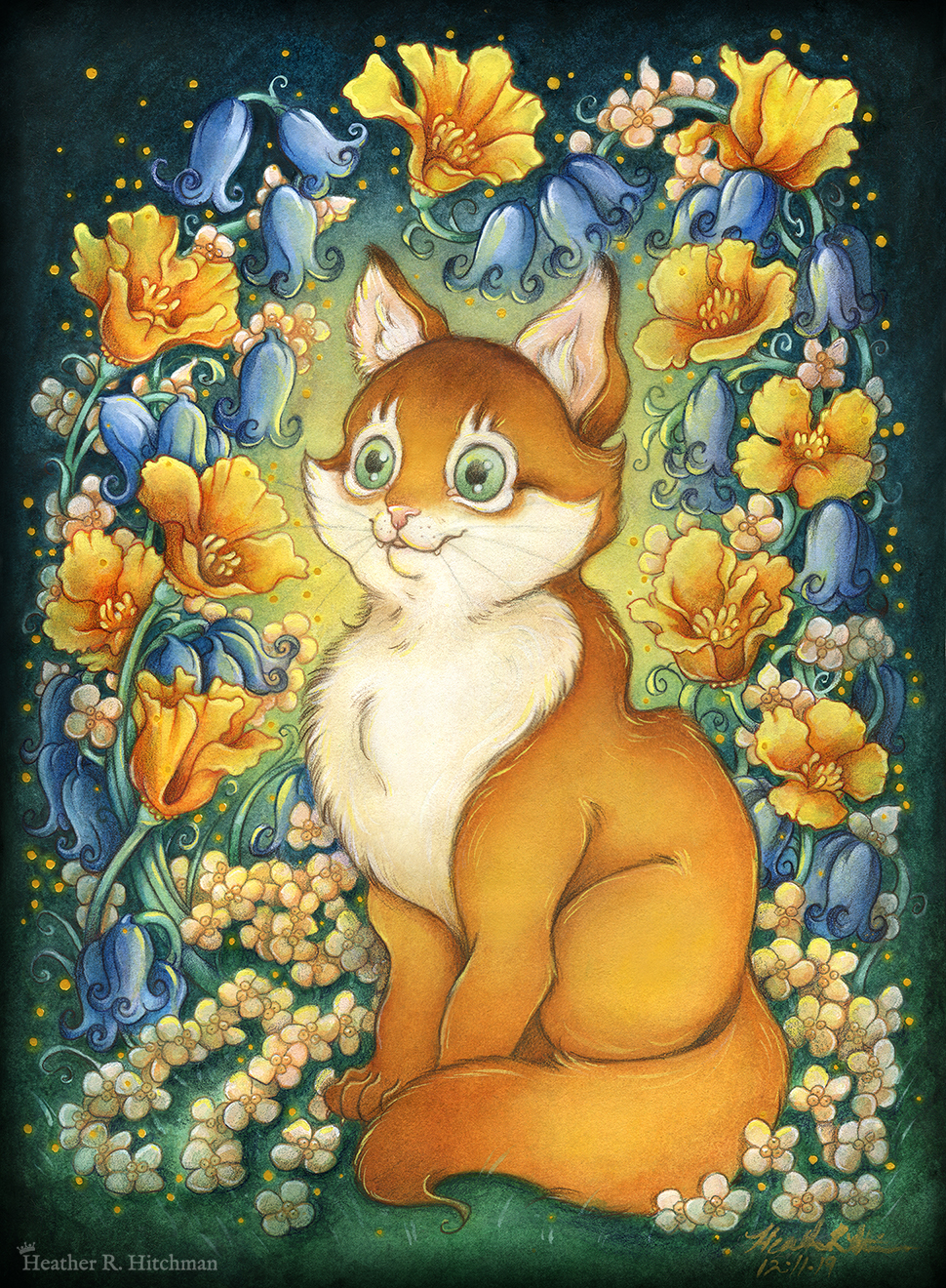 Watercolor, gouache, and colored pencil portrait painting of an orange cat sitting in a garden. The cat sits upright at a ¾ angle on the grass, facing to the left with a wide eyed happy expression on his face. His tail is coiled around in front of his feet. He has bright green eyes, white fur around his eyes and on his chest, and rich golden orange fur on the rest of his body. An archway of bluebells, yellow California poppies, and small white flowers surround the cat in an enchanted garden scene. The background is dark teal green with a sunburst of yellow light coming from behind the cat. Small golden orbs of light surround the scene.
