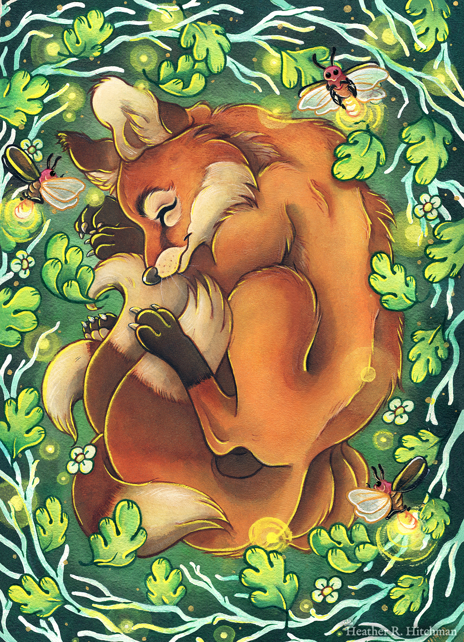 Watercolor, gouache, ink, and colored pencil painting of a sleeping fox with many tails known as a “kitsune”. The kitsune has golden orange fur, with white fur around his muzzle, eyes, and on the tips of his tails. His ears and paws have darker brown fur, and he appears to have 4 tails that are coiling around his feet. The kitsune is laying on his side with his front paws under his head like a pillow. He is coiling himself up in a cozy ball facing in profile to the left. The kitsune is sleeping with a tranquil expression on his face. He is laying on a green grass background surrounded by white branches and falling green leaves. Orbs of yellow light dance around the sleeping creature. 3 large fireflies are hovering in the scene, one in front of his face reaching for his ear, one by his shoulder, and the third by the base of his tails. Their rear ends are glowing with bright warm light.