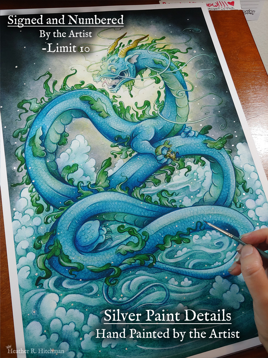 Photograph of a watercolor, gouache, and colored pencil painting print of a gigantic water dragon sitting atop a sea of foaming waves out in the ocean. The sky behind the dragon is moody, almost completely covered with dark gray storm clouds. A burst of white and yellow sunlight breaks through the storm clouds behind the dragon’s head. The dragon has a long snakelike body covered in blue scales. Green frills of fins run down the length of the dragon’s back, and several more fins appear along its sides. The dragon has no wings, instead presenting like a classic eastern style dragon with long white whiskers, golden horns, front legs at the chest, and stumpy back legs towards the end of his long tail. The dragon’s body coils in a ribbon like shape, with its head upright and facing to the left. In it’s claws the dragon clutches a mer-bull that struggles to escape. The dragon’s face is menacing and mystical, with a hungry wicked smile showcasing his fangs and a giant pink tongue. The print has a 1/4inch white border, and the hand of the artist is holding a paintbrush in the bottom right corner of the print as she adds small silver orbs with metallic paint. There is white text in the top left corner of the photograph that reads “Signed and numbered by the artist, limit 10”. There is white text in the bottom right corner of the photograph that reads “Silver paint details, hand painted by the artist.”