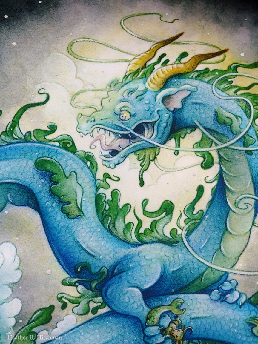 Close up photograph of a watercolor, gouache, and colored pencil painting print of a gigantic water dragon sitting atop a sea of foaming waves out in the ocean. The photograph focuses on the dragon’s head. The sky behind the dragon is moody, with a burst of white and yellow sunlight breaking through the storm clouds behind the dragon’s head. The dragon has a long snakelike body covered in blue scales. Green frills of fins run down the length of the dragon’s back, and several more fins appear along its sides. The dragon has no wings, instead presenting like a classic eastern style dragon with long white whiskers, golden horns, and front legs at the chest. The dragon’s body coils in a ribbon like shape, with its head upright and facing to the left. In it’s claws the dragon clutches a mer-bull that struggles to escape. The dragon’s face is menacing and mystical, with a hungry wicked smile showcasing his fangs and a giant pink tongue. The print has been embellished with small hand painted silver orbs surrounding the dragon.