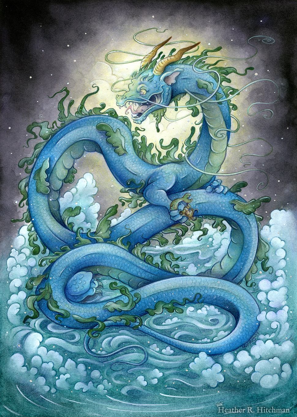 Watercolor, gouache, and colored pencil painting of a gigantic water dragon sitting atop a sea of foaming waves out in the ocean. The sky behind the dragon is moody, almost completely covered with dark gray storm clouds. A burst of white and yellow sunlight breaks through the storm clouds behind the dragon’s head. The dragon has a long snakelike body covered in blue scales. Green frills of fins run down the length of the dragon’s back, and several more fins appear along its sides. The dragon has no wings, instead presenting like a classic eastern style dragon with long white whiskers, golden horns, front legs at the chest, and stumpy back legs towards the end of his long tail. The dragon’s body coils in a ribbon like shape, with its head upright and facing to the left. In it’s claws the dragon clutches a mer-bull that struggles to escape. The dragon’s face is menacing and mystical, with a hungry wicked smile showcasing his fangs and a giant pink tongue.